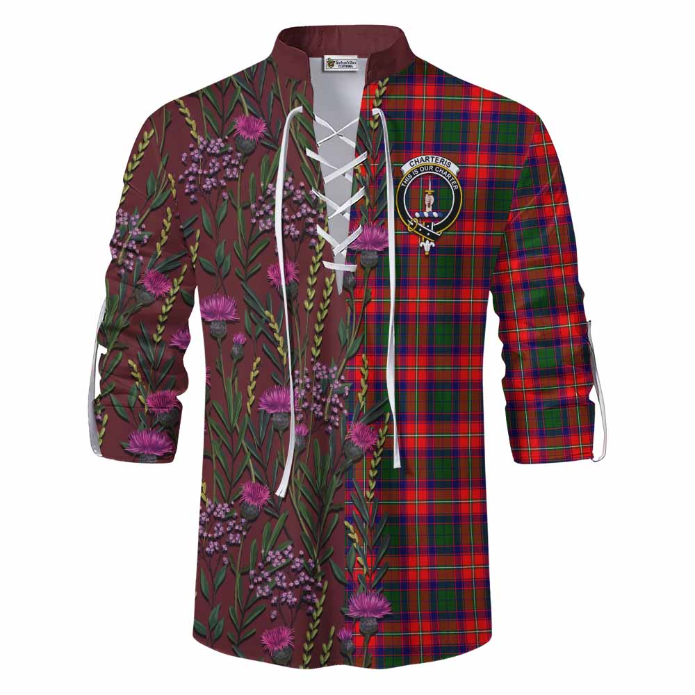 Charteris Family Crest Tartan Ghillie Shirt Scottish Thistle Flower Pattern Half Style - Tartan Vibes Clothing