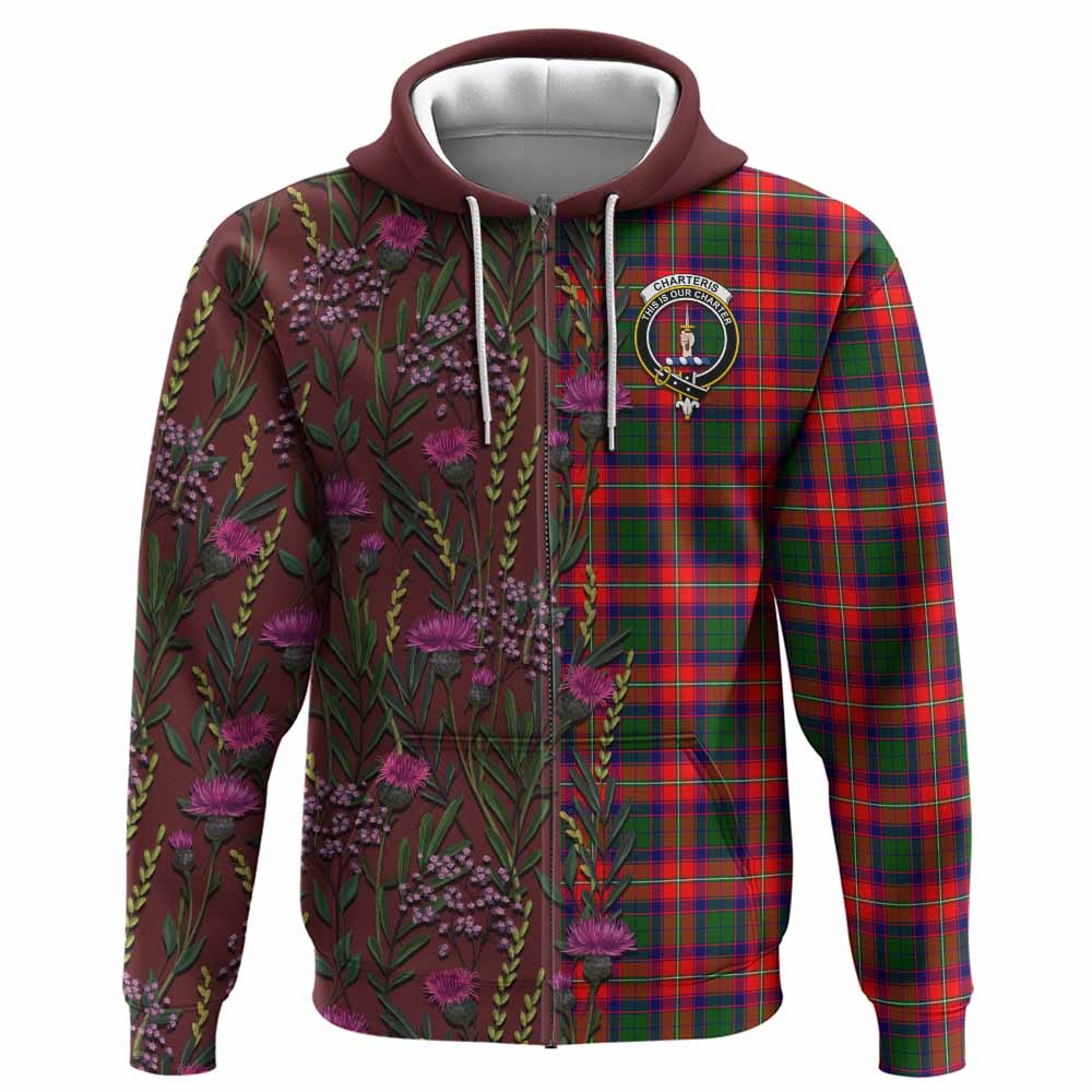 Charteris Family Crest Tartan Hoodie Scottish Thistle Flower Pattern Half Style - Tartan Vibes Clothing