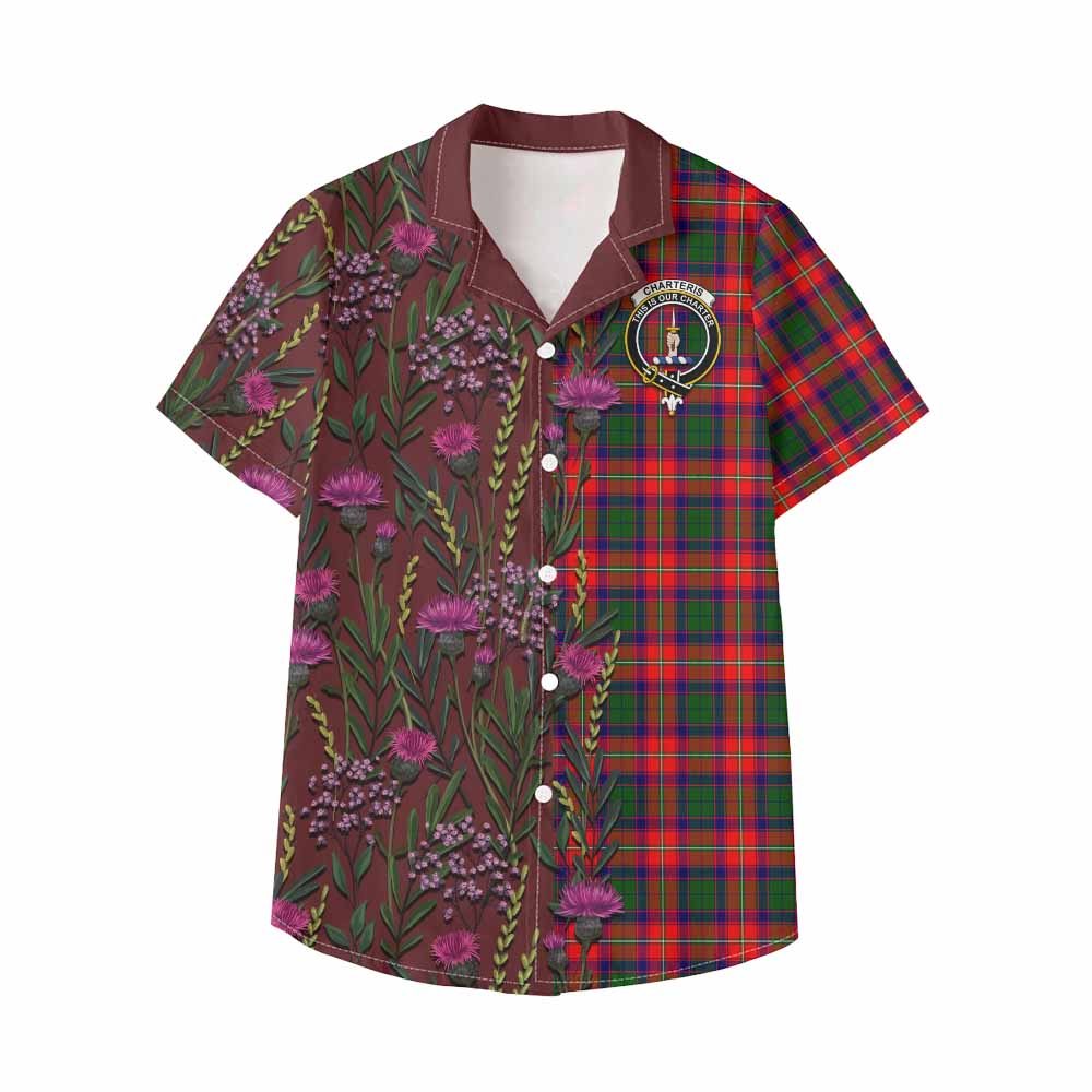 Charteris Family Crest Tartan Kid Hawaiian Shirt Scottish Thistle Flower Pattern Half Style - Tartan Vibes Clothing