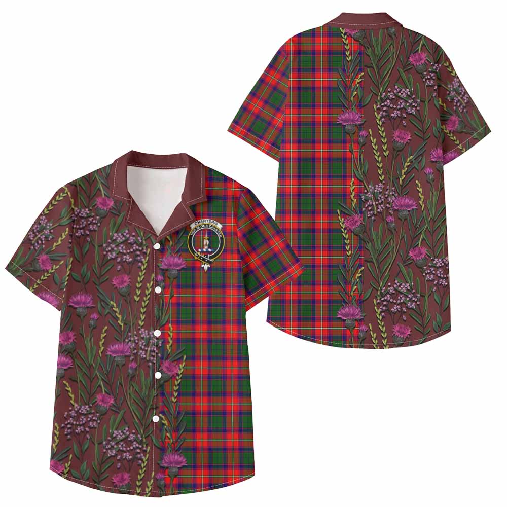 Charteris Family Crest Tartan Kid Hawaiian Shirt Scottish Thistle Flower Pattern Half Style - Tartan Vibes Clothing