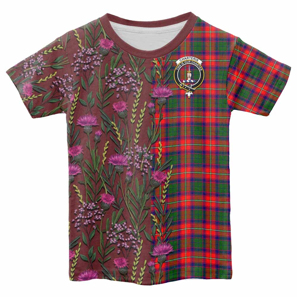 Charteris Family Crest Tartan Kid T-shirt Scottish Thistle Flower Pattern Half Style - Tartan Vibes Clothing