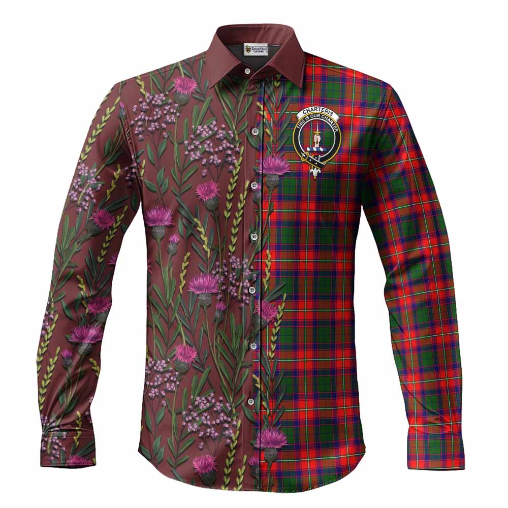 Charteris Family Crest Tartan Long Sleeve Button Shirts Scottish Thistle Flower Pattern Half Style - Tartan Vibes Clothing