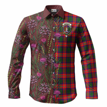 Charteris Family Crest Tartan Long Sleeve Button Shirts Scottish Thistle Flower Pattern Half Style