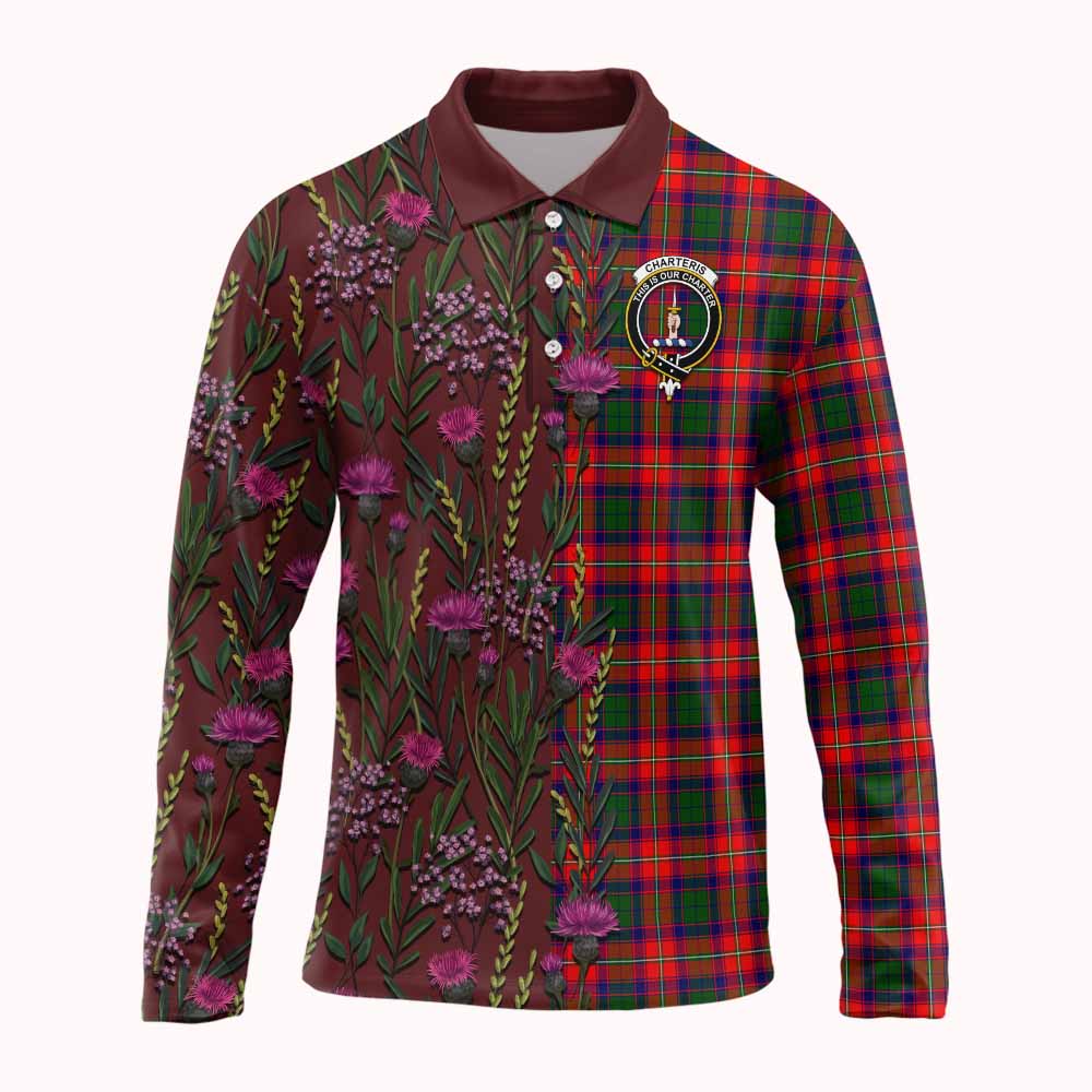 Charteris Family Crest Tartan Long Sleeve Polo Shirt Scottish Thistle Flower Pattern Half Style - Tartan Vibes Clothing