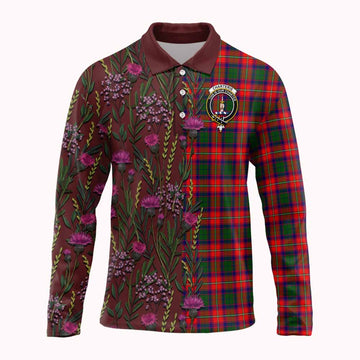 Charteris Family Crest Tartan Long Sleeve Polo Shirt Scottish Thistle Flower Pattern Half Style