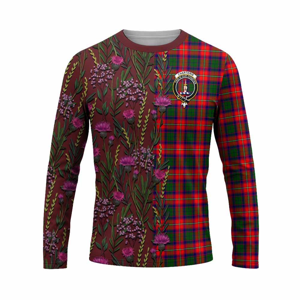 Charteris Family Crest Tartan Long Sleeve T-Shirt Scottish Thistle Flower Pattern Half Style - Tartan Vibes Clothing