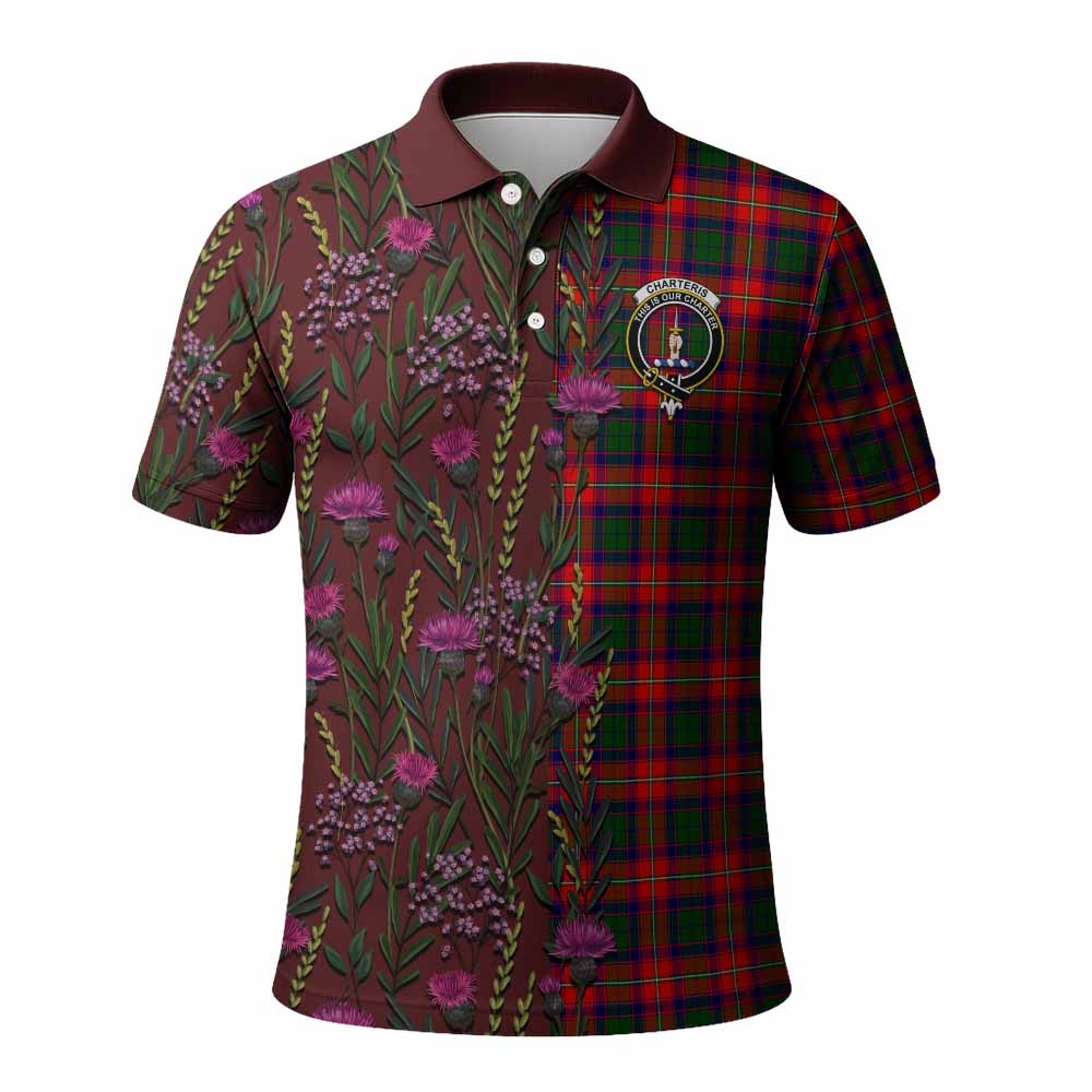 Charteris Family Crest Tartan Polo Shirt Scottish Thistle Flower Pattern Half Style - Tartan Vibes Clothing