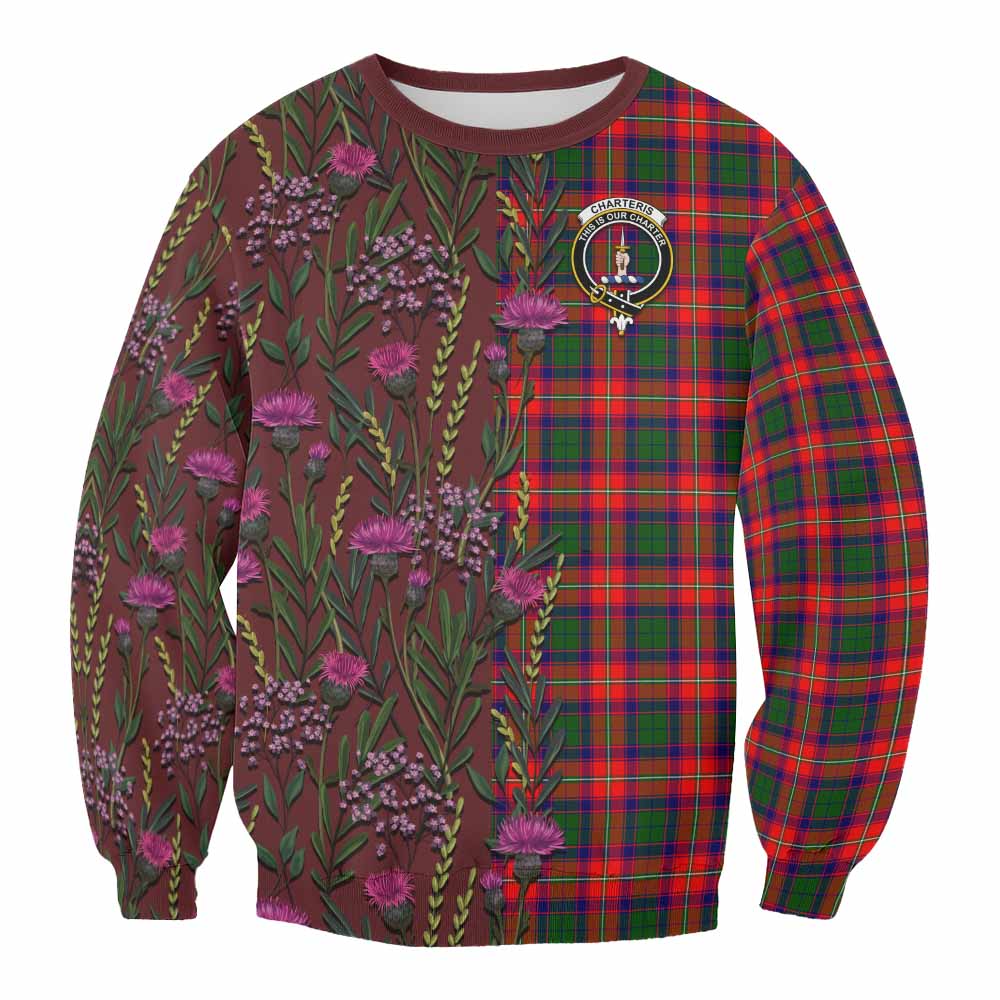 Charteris Family Crest Tartan Sweatshirt Scottish Thistle Flower Pattern Half Style - Tartan Vibes Clothing
