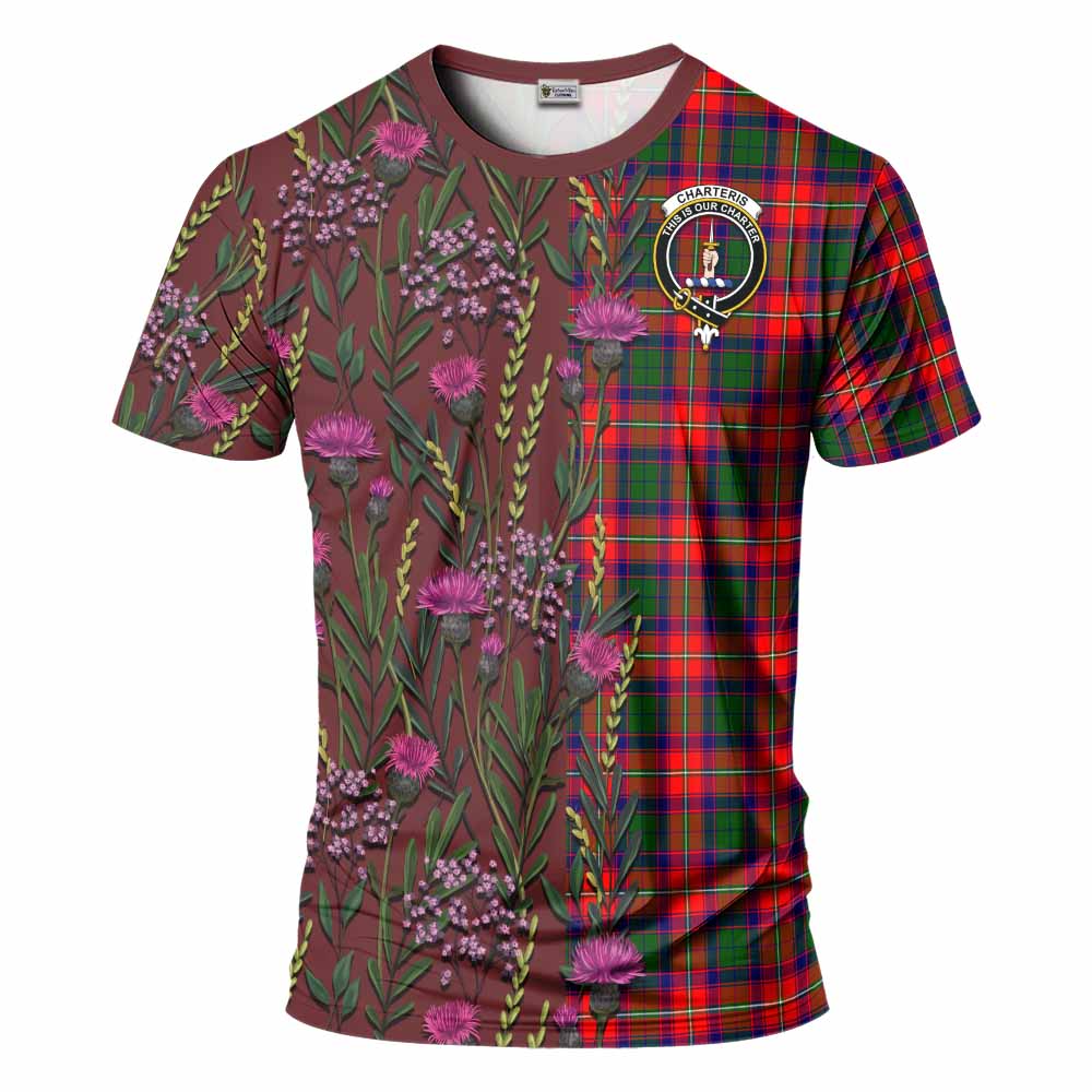 Charteris Family Crest Tartan T-Shirt Scottish Thistle Flower Pattern Half Style - Tartan Vibes Clothing