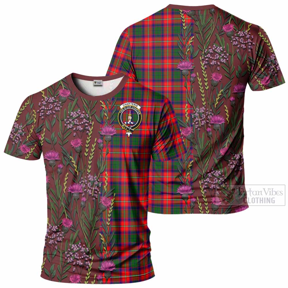 Charteris Family Crest Tartan T-Shirt Scottish Thistle Flower Pattern Half Style - Tartan Vibes Clothing
