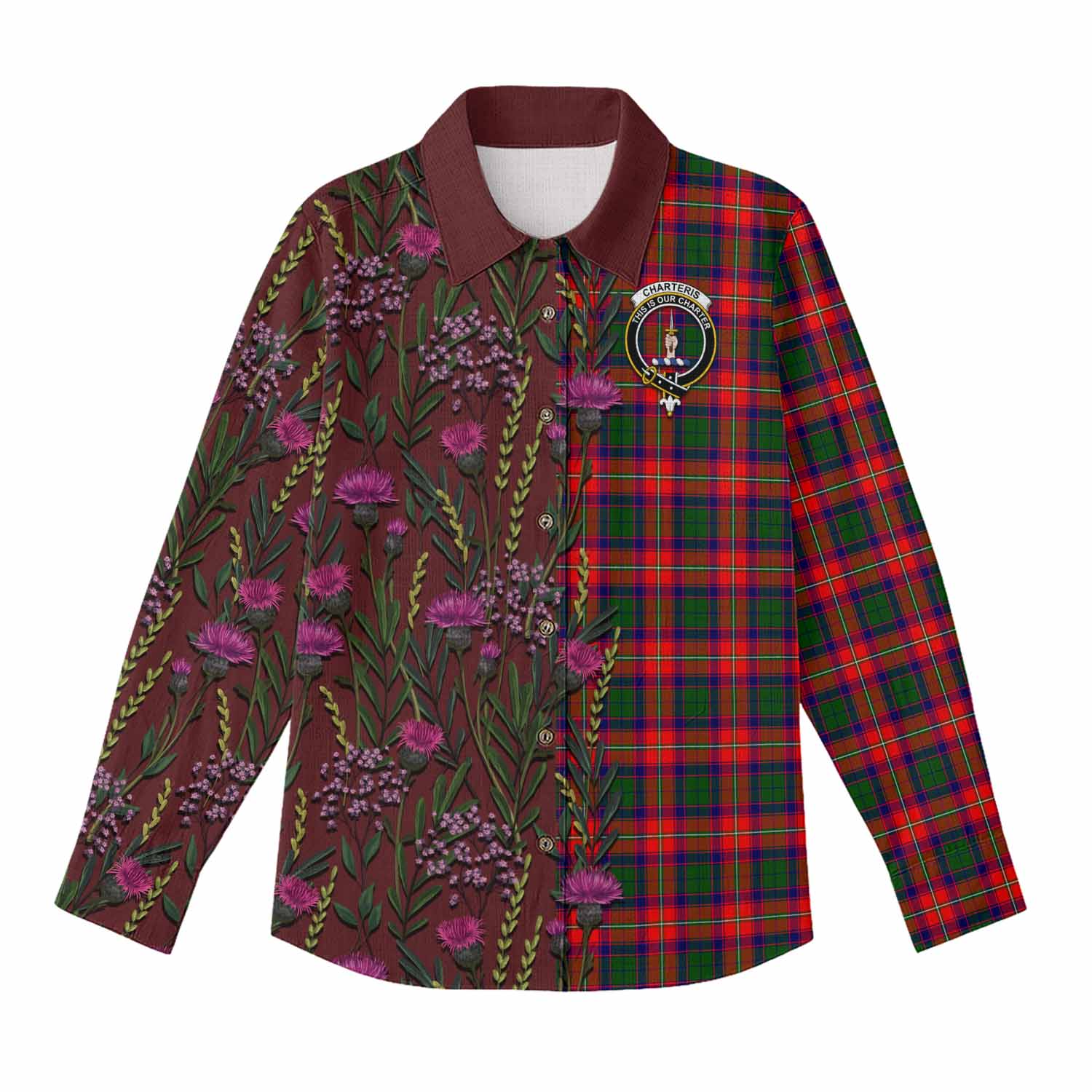 Charteris Family Crest Tartan Women Casual Shirt Scottish Thistle Flower Pattern Half Style - Tartan Vibes Clothing