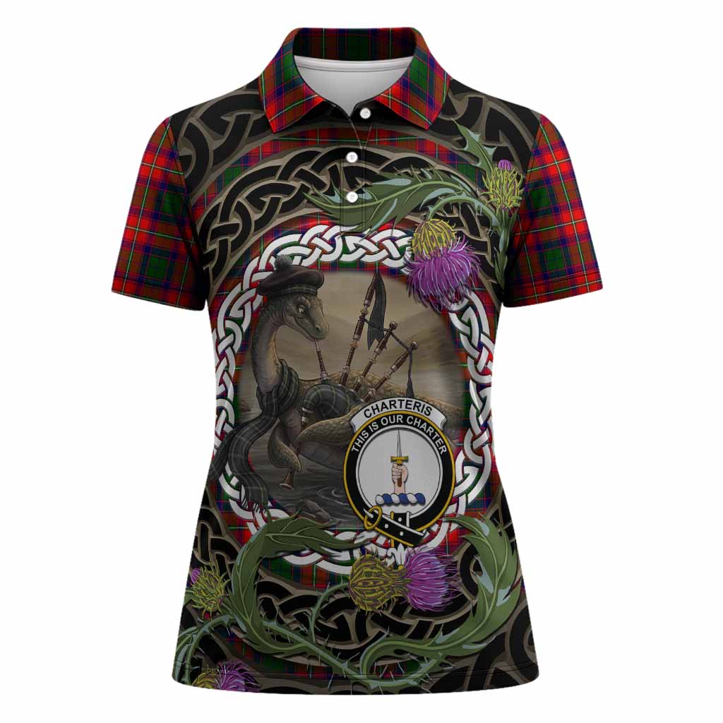 Charteris Tartan Crest Bagpipe Nessie Women Polo Shirt Scottish Loch Ness Monster Celtic Thistle
