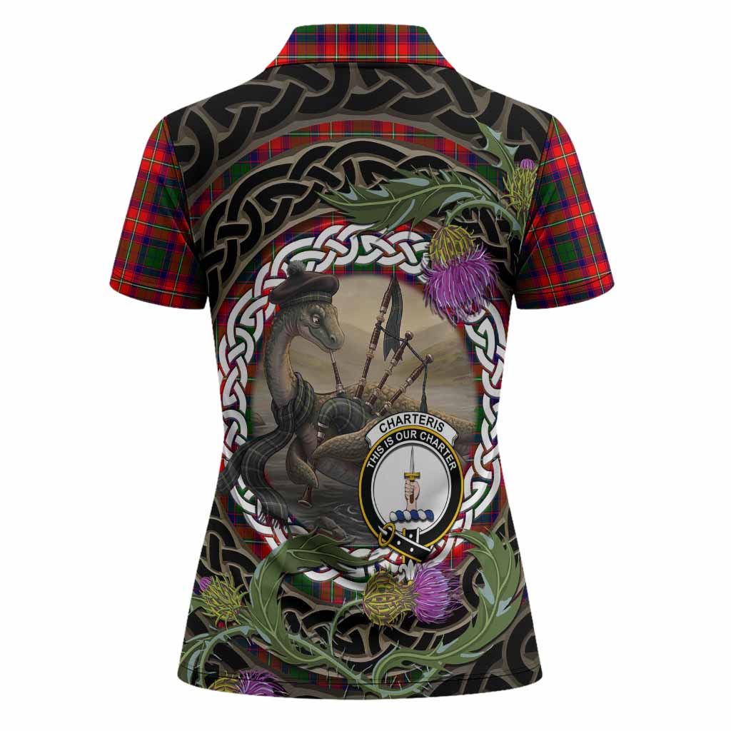 Charteris Tartan Crest Bagpipe Nessie Women Polo Shirt Scottish Loch Ness Monster Celtic Thistle