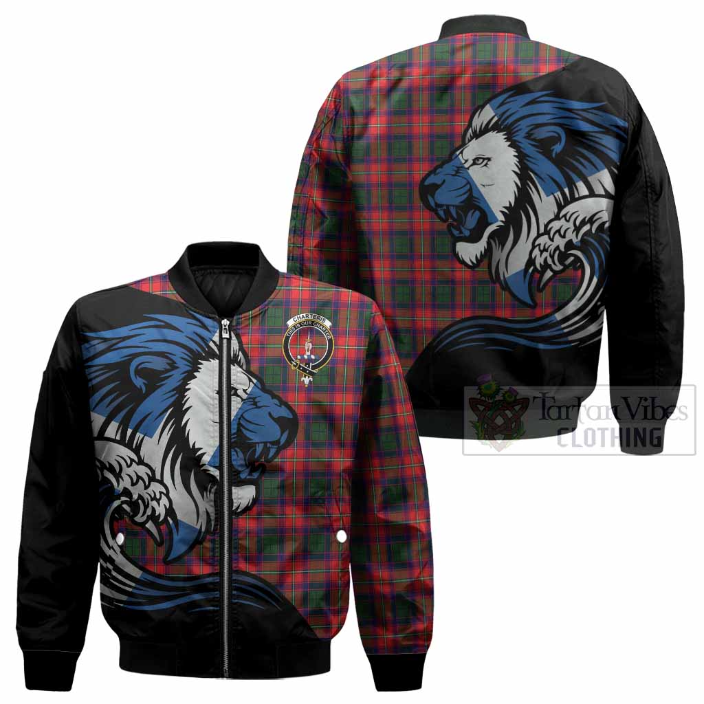 Charteris Tartan Crest Bomber Jacket Scottish Golden Lions Wave Flow
