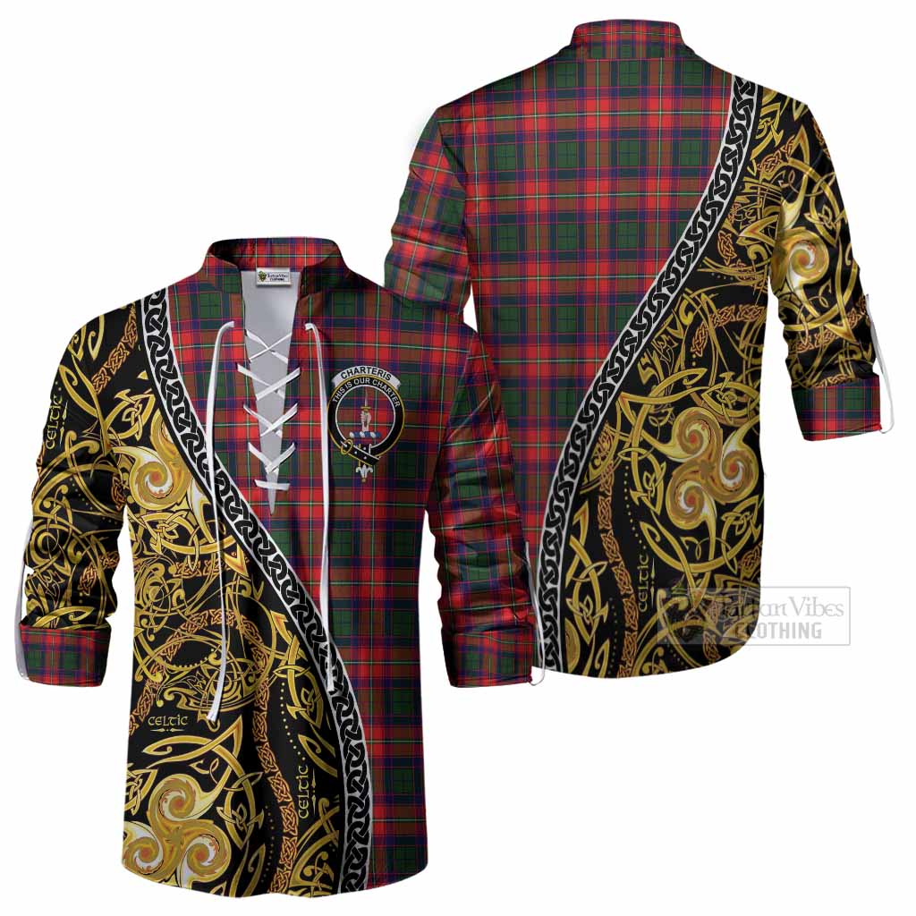 Charteris Tartan Crest Ghillie Shirt Celtic Knot and Triple Trickle Spiral Symbols