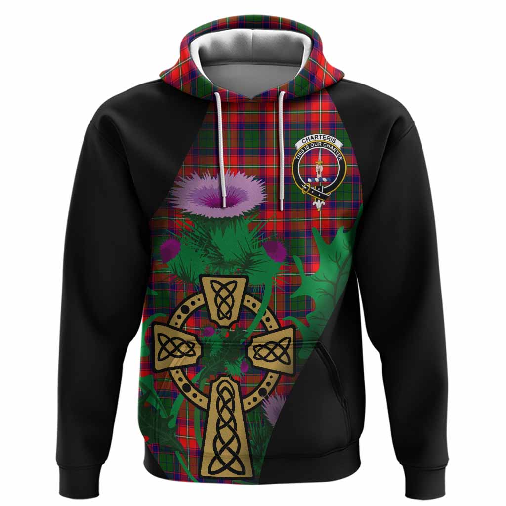 Charteris Tartan Crest Hoodie Celtic Cross Thistle Flowers