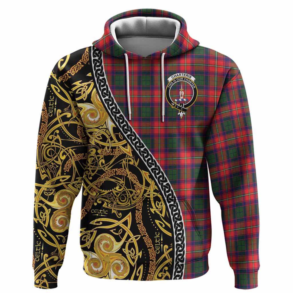 Charteris Tartan Crest Hoodie Celtic Knot and Triple Trickle Spiral Symbols