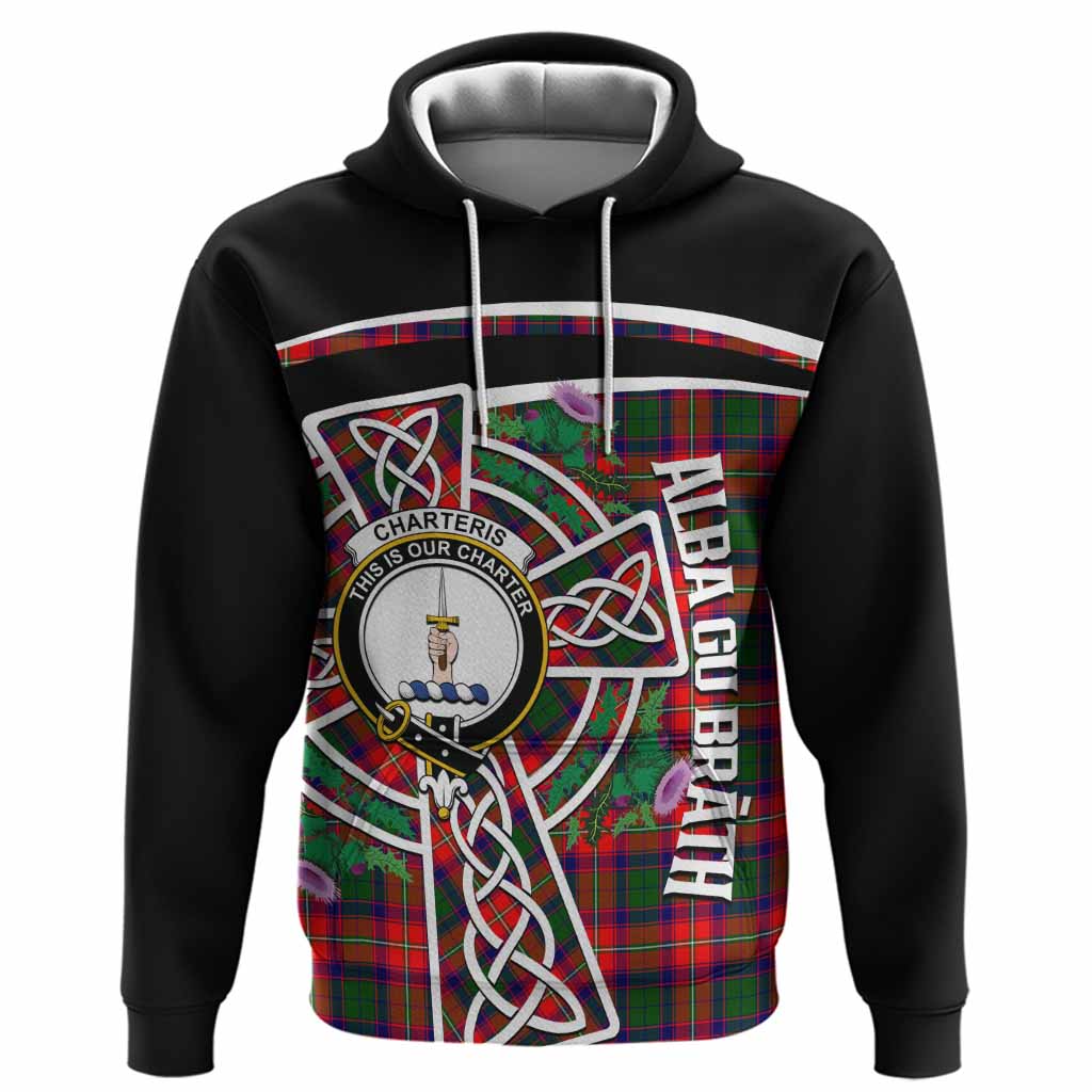 Charteris Tartan Crest Hoodie Scottish Thistle Celtic Cross Alba Gu Brath