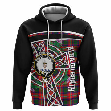 Charteris Tartan Crest Hoodie Scottish Thistle Celtic Cross Alba Gu Brath