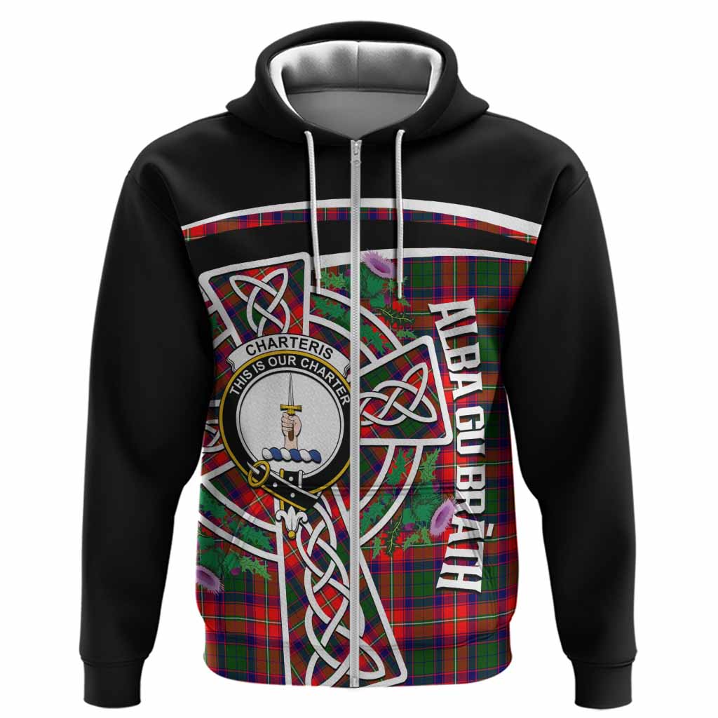 Charteris Tartan Crest Hoodie Scottish Thistle Celtic Cross Alba Gu Brath