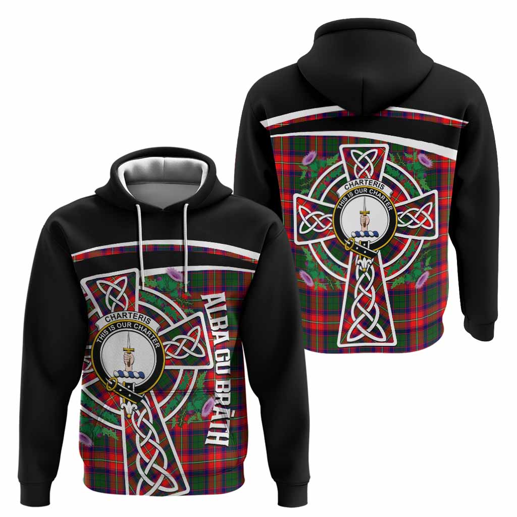 Charteris Tartan Crest Hoodie Scottish Thistle Celtic Cross Alba Gu Brath