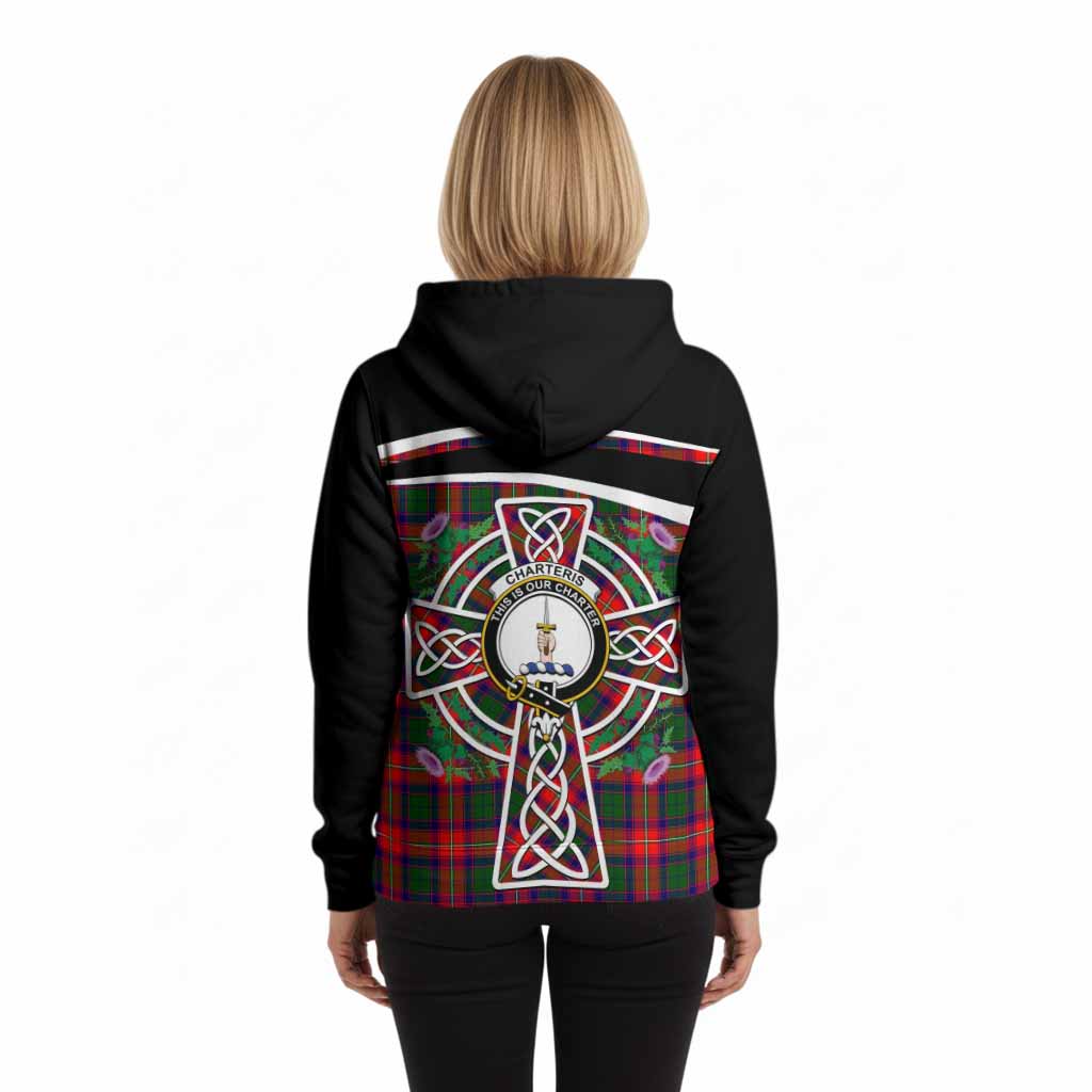 Charteris Tartan Crest Hoodie Scottish Thistle Celtic Cross Alba Gu Brath
