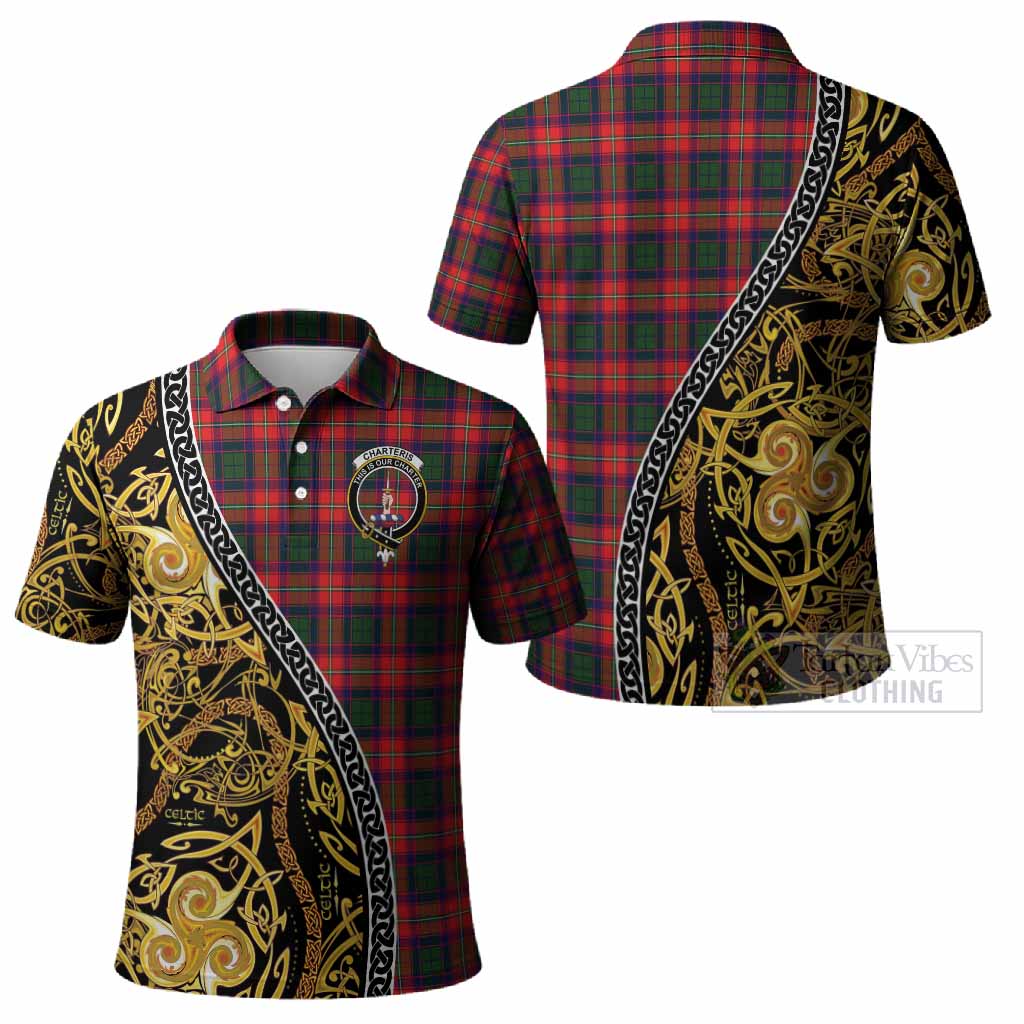 Charteris Tartan Crest Polo Shirt Celtic Knot and Triple Trickle Spiral Symbols