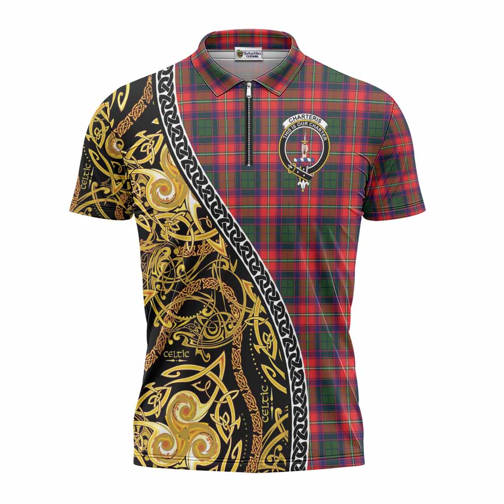Charteris Tartan Crest Zipper Polo Shirt Celtic Knot and Triple Trickle Spiral Symbols