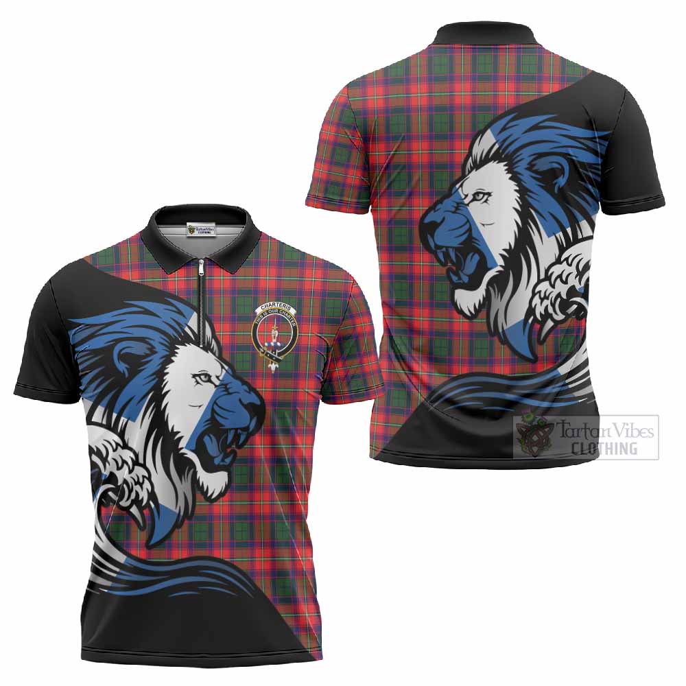 Charteris Tartan Crest Zipper Polo Shirt Scottish Golden Lions Wave Flow