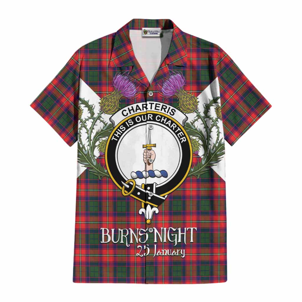 Charteris Tartan Family Crest Cotton Hawaiian Shirt Scottish Burns Night Thistle Floral