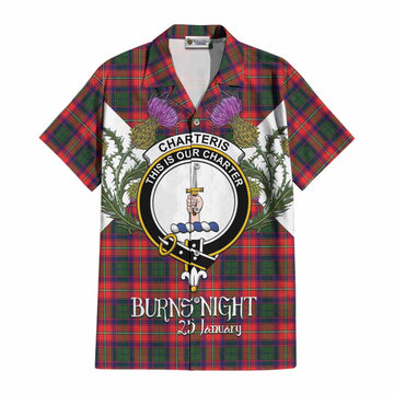Charteris Tartan Family Crest Cotton Hawaiian Shirt Scottish Burns Night Thistle Floral
