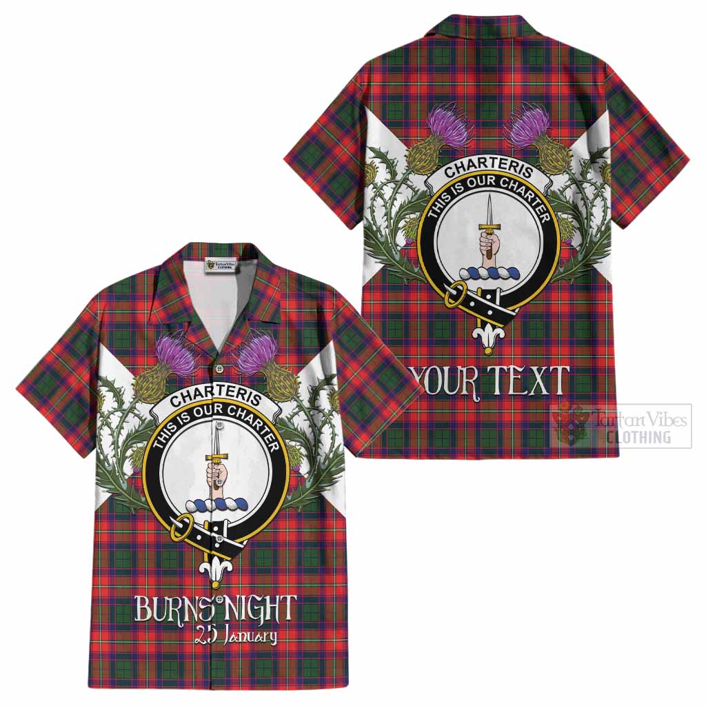 Charteris Tartan Family Crest Cotton Hawaiian Shirt Scottish Burns Night Thistle Floral