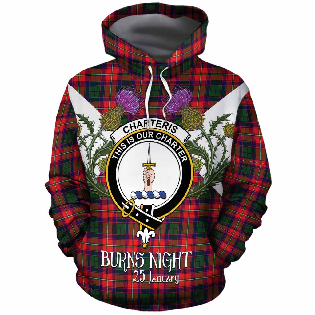 Charteris Tartan Family Crest Cotton Hoodie Scottish Burns Night Thistle Floral
