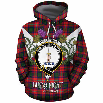 Charteris Tartan Family Crest Cotton Hoodie Scottish Burns Night Thistle Floral