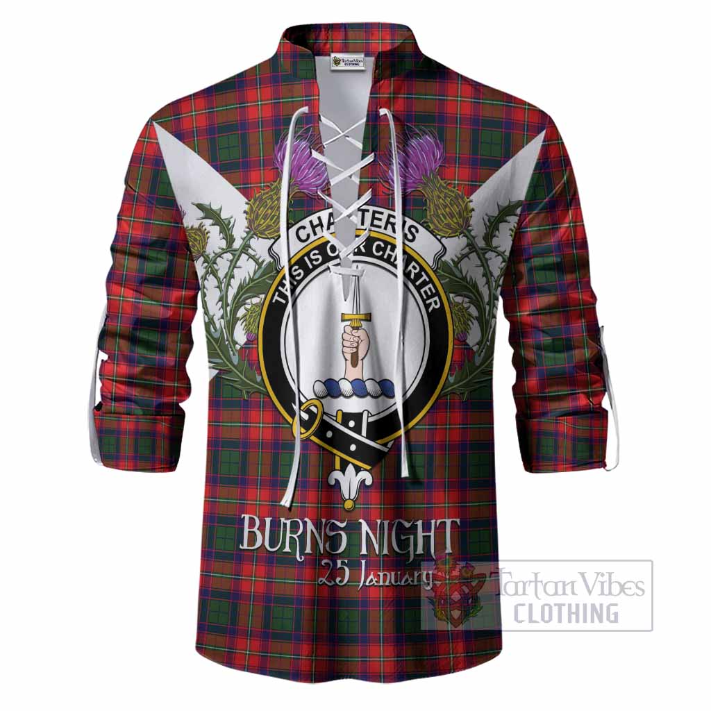 Charteris Tartan Family Crest Ghillie Shirt Scottish Burns Night Thistle Floral