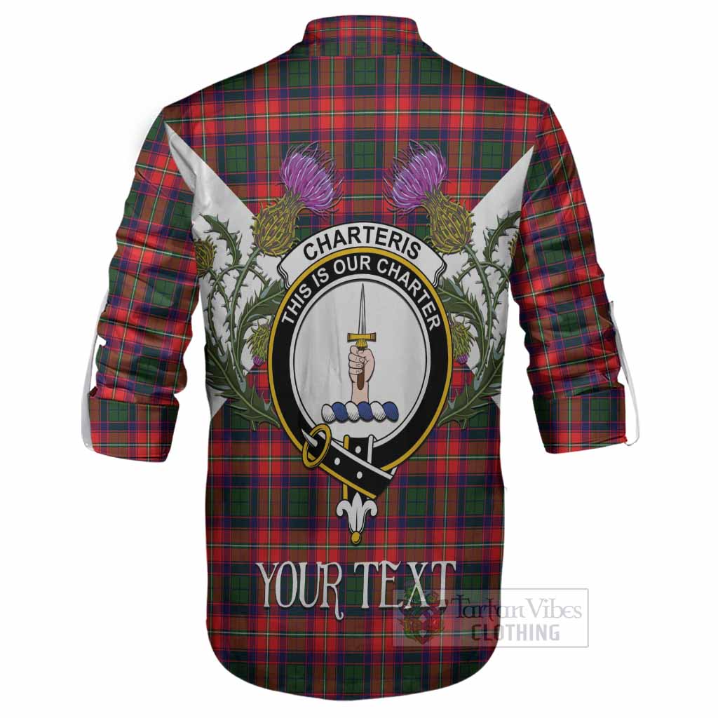 Charteris Tartan Family Crest Ghillie Shirt Scottish Burns Night Thistle Floral