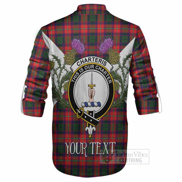 Charteris Tartan Family Crest Ghillie Shirt Scottish Burns Night Thistle Floral