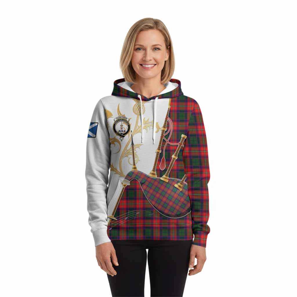 Charteris Tartan Family Crest Hoodie Bagpipes with Scottish Thistle