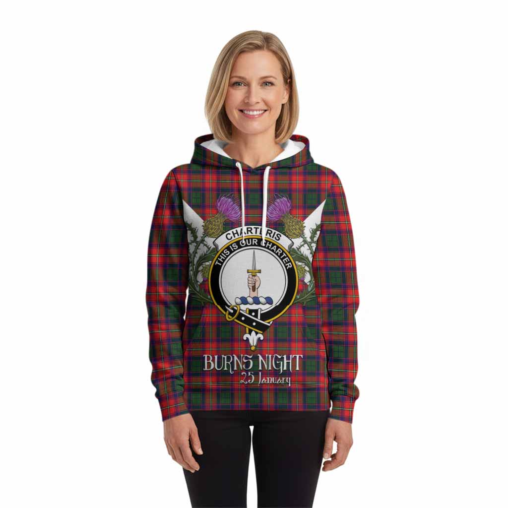 Charteris Tartan Family Crest Hoodie Scottish Burns Night Thistle Floral