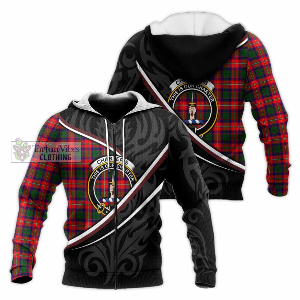 Charteris Tartan Family Crest Knitted Hoodie Celtic Scottish Thistle Floral - Tartan Vibes Clothing