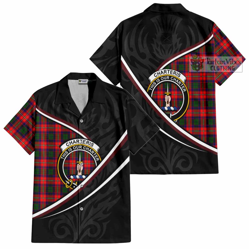 Charteris Tartan Family Crest Short Sleeve Button Shirt Celtic Scottish Thistle Floral - Tartan Vibes Clothing