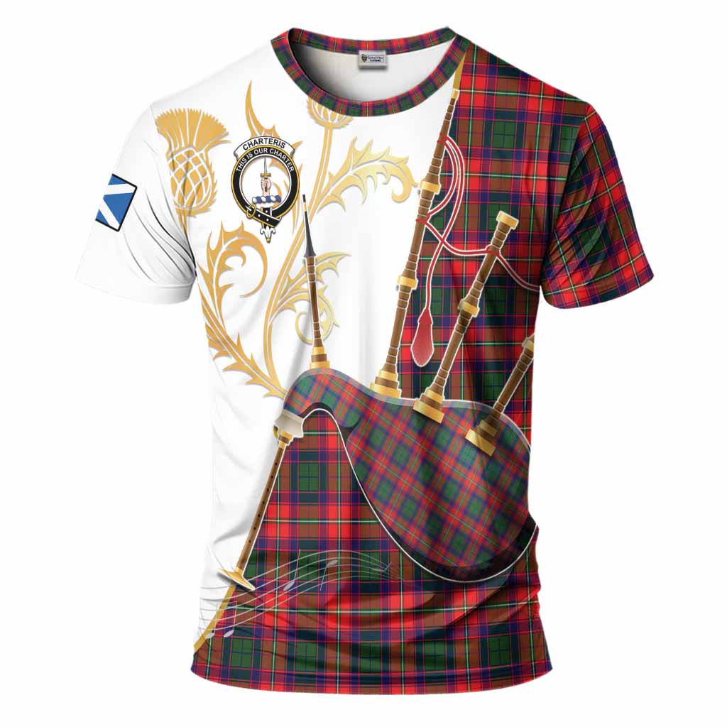 Charteris Tartan Family Crest T-Shirt Bagpipes with Scottish Thistle