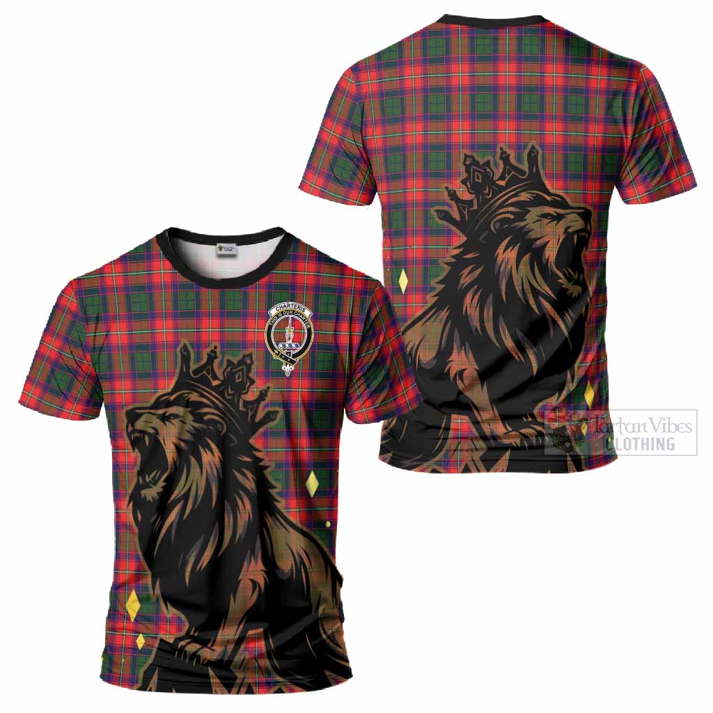 Charteris Tartan Family Crest T-Shirt Crowned Lion Roaring