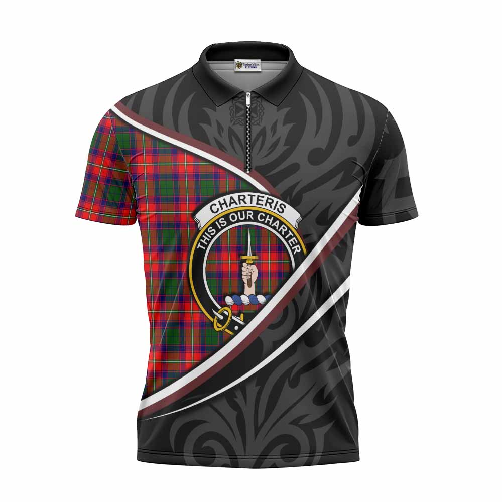 Charteris Tartan Family Crest Zipper Polo Shirt Celtic Scottish Thistle Floral - Tartan Vibes Clothing