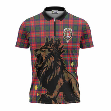 Charteris Tartan Family Crest Zipper Polo Shirt Crowned Lion Roaring