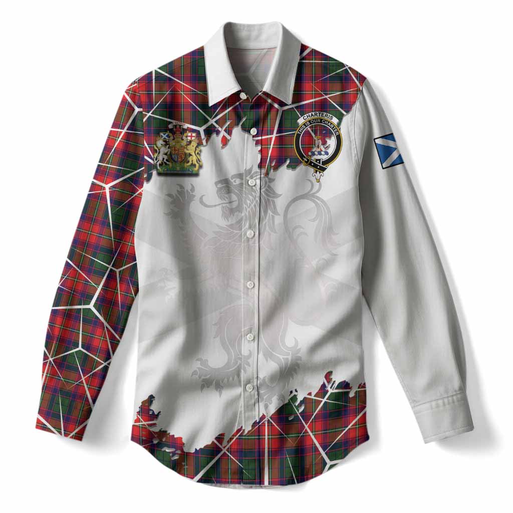 Charteris Tartan Women Casual Shirt with Family Crest and Lion Rampant Grunge Style