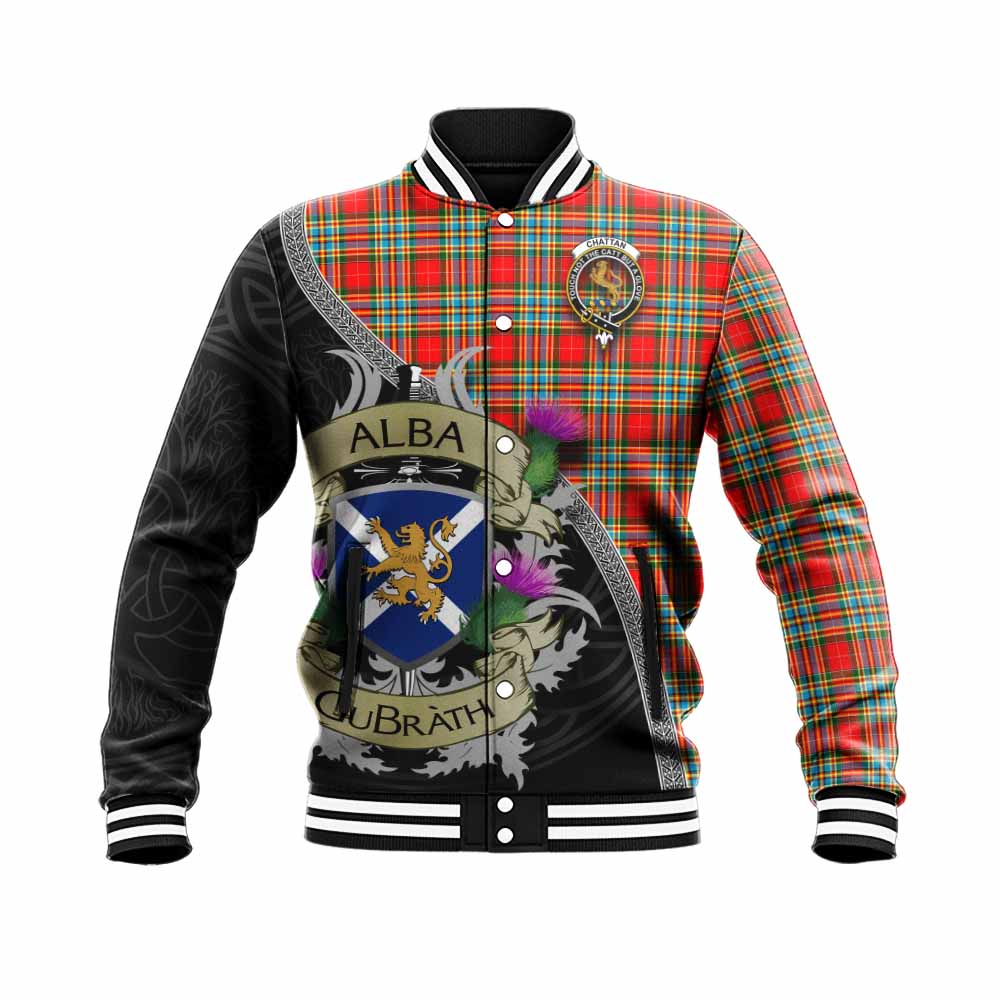 Tartan Vibes Clothing Chattan Tartan Family Crest Baseball Jacket Lion Rampant Royal Thistle Shield Celtic Inspired