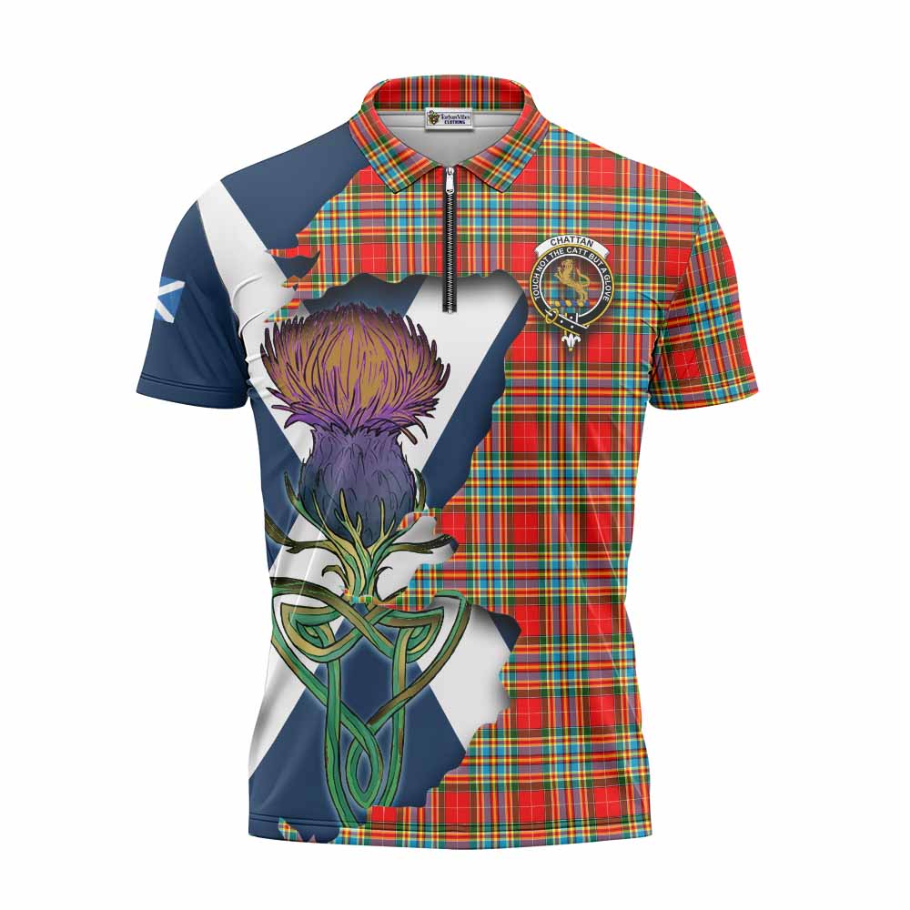 Tartan Vibes Clothing Chattan Tartan Family Crest Zipper Polo Shirt Scottish Thistle Celtic Inspired