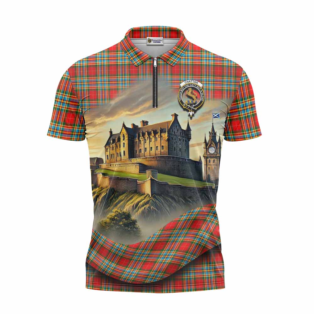 Tartan Vibes Clothing Chattan Tartan Family Crest Zipper Polo Shirt with Scottish Ancient Castle Stype