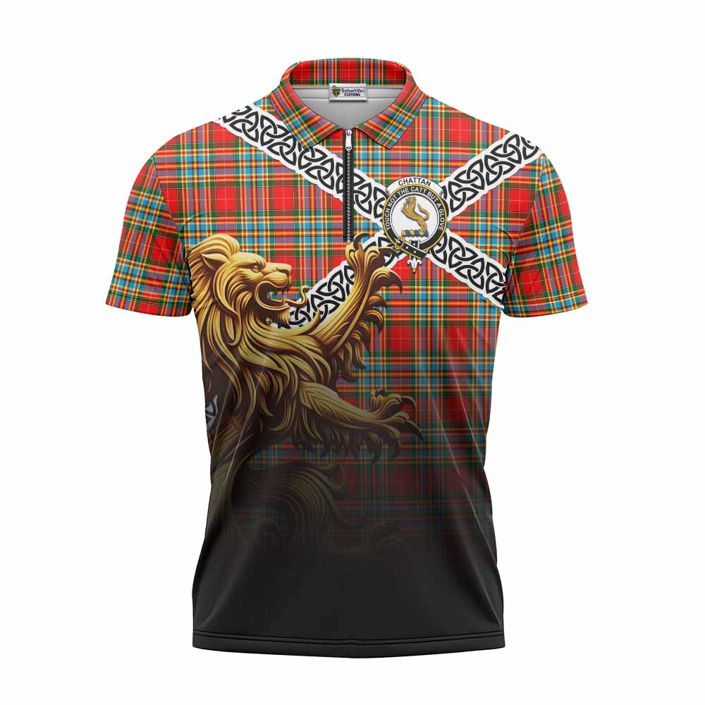 Tartan Vibes Clothing Chattan Crest Tartan Zipper Polo Shirt with Golden Lion Emblem Celtic Style